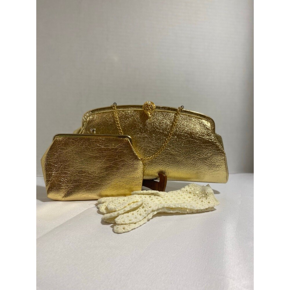 Set of 3 Vintage Metallic gold evening clutch+ large coin purse + gloves - Picture 12 of 12